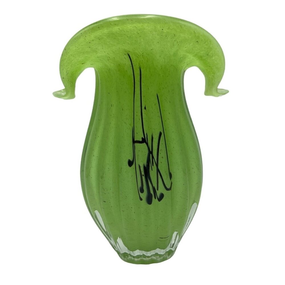 Vintage Green Murano Art Glass Vase With Hand-Painted Black Abstract Design
